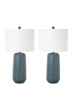 Homeroots Set Of Two 30" Blue Ceramic Geometric Table Lamp With White Drum Shade   488369