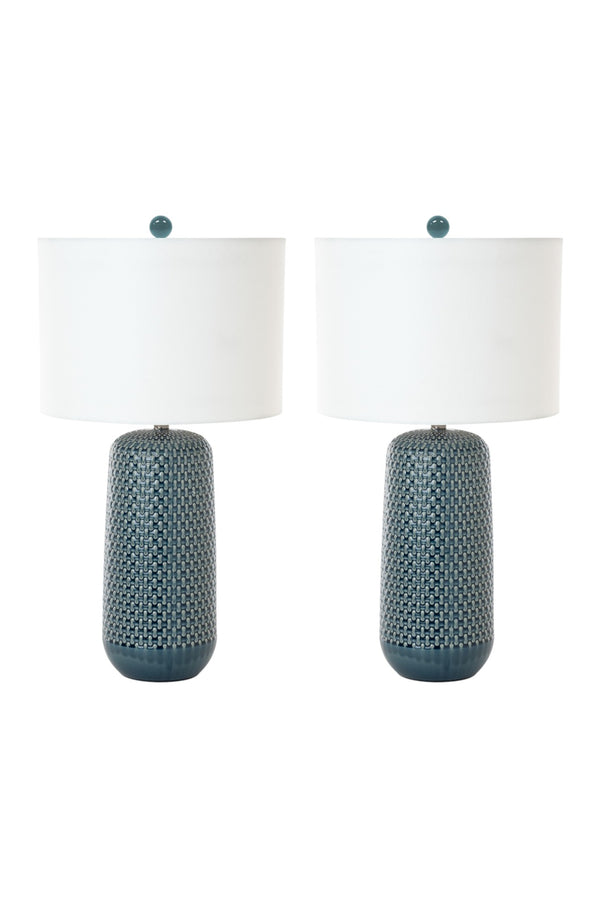 Homeroots Set Of Two 30" Blue Ceramic Geometric Table Lamp With White Drum Shade   488369