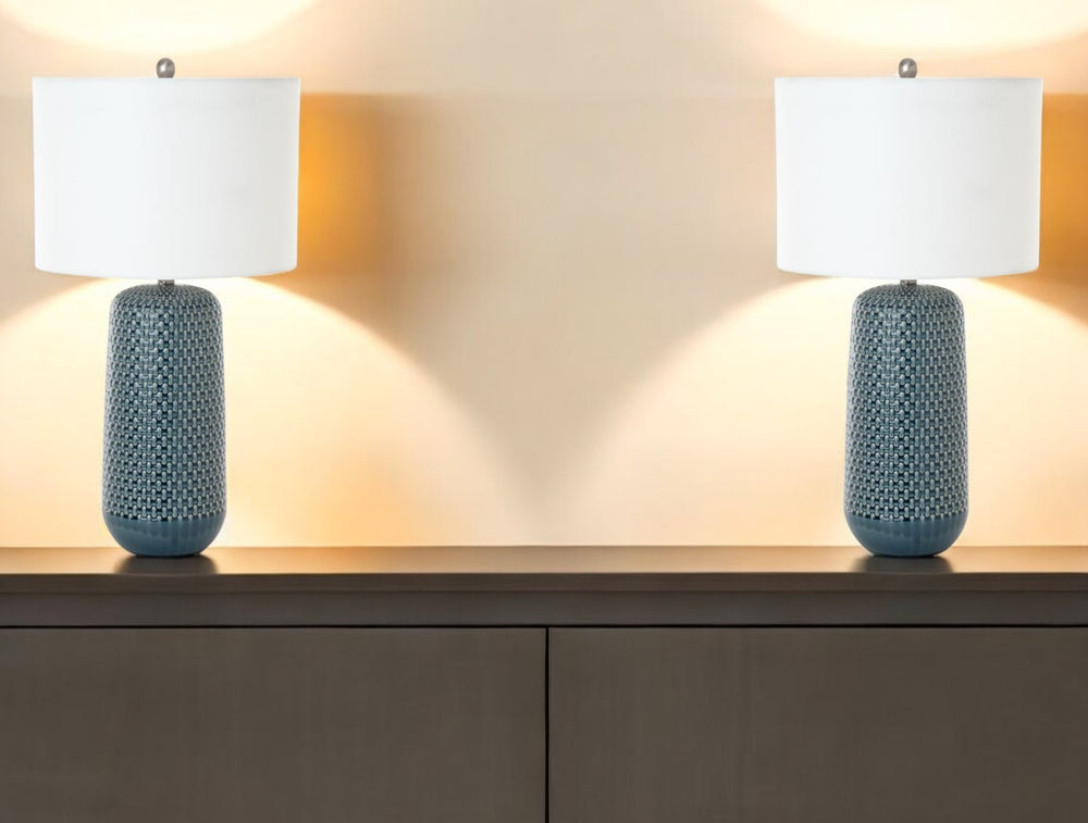 Homeroots Set Of Two 30" Blue Ceramic Geometric Table Lamp With White Drum Shade   488369