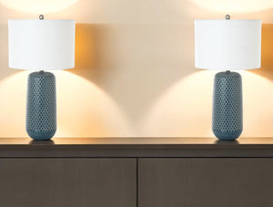 Homeroots Set Of Two 30" Blue Ceramic Geometric Table Lamp With White Drum Shade   488369