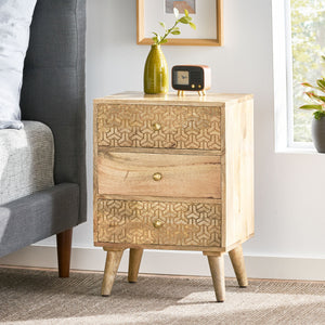 English Elm Christopher Knight Home® - 3 Mango Wood 3-Drawer Bedside Nightstand with Carved Geometric Texture, Boho Handcrafted Accent 71753.00
