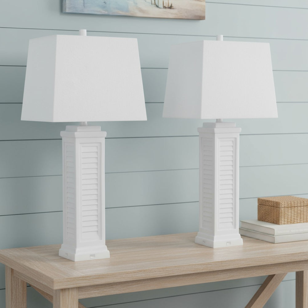 HomeRoots Set of Two 32" White Coastal Table Lamps with USB Port & Linen Shade for Stylish Home Lighting 488370