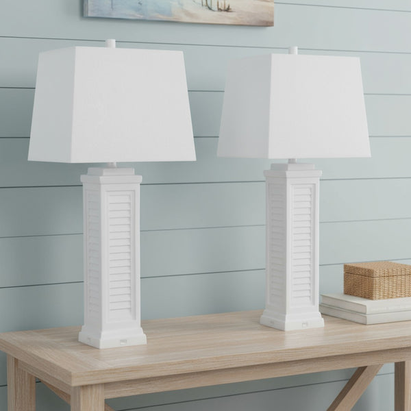HomeRoots Set of Two 32" White Coastal Table Lamps with USB Port & Linen Shade for Stylish Home Lighting 488370