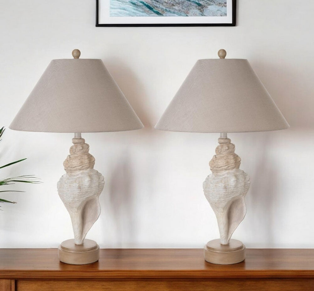HomeRoots Set of Two 30" Coastal Table Lamps with Beige and Brown Resin Base & Tan Linen Shade for Home Decor 488375