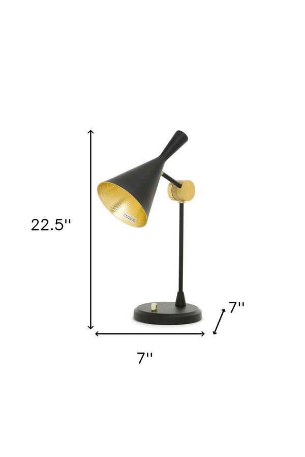 Homeroots Set Of Two 23" Black Metal Geometric Desk Table Lamps With Black And Gold Cone Shade   488377