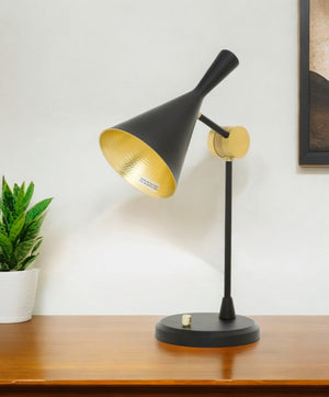 Homeroots Set Of Two 23" Black Metal Geometric Desk Table Lamps With Black And Gold Cone Shade   488377