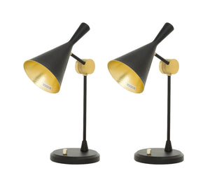 Homeroots Set Of Two 23" Black Metal Geometric Desk Table Lamps With Black And Gold Cone Shade   488377