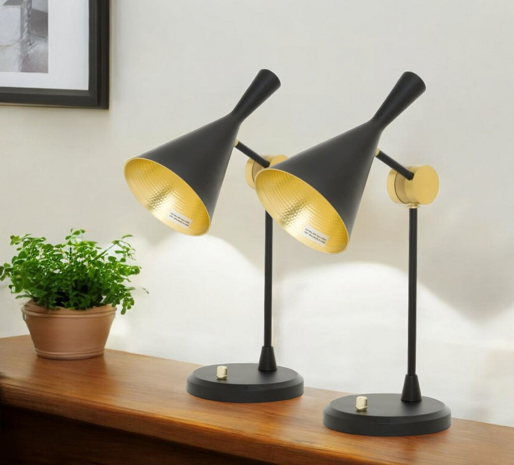 HomeRoots Set of Two 23" Black Metal Geometric Desk Lamps with Stylish Black and Gold Cone Shades for Modern Workspaces 488377