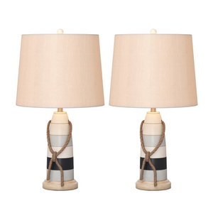 Homeroots Set Of Two 27" Natural White And Blue Novelty Table Lamp Coastal With Off White Empire Shade   488382