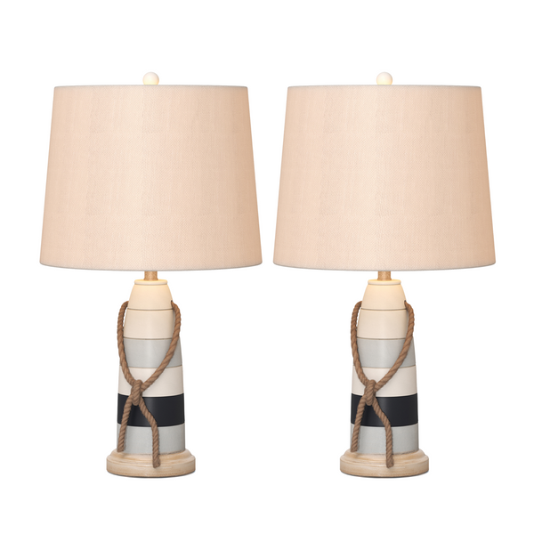 Homeroots Set Of Two 27" Natural White And Blue Novelty Table Lamp Coastal With Off White Empire Shade   488382