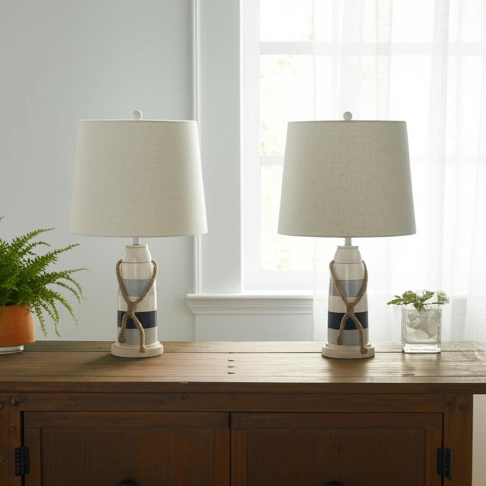 HomeRoots Set of Two 27" Coastal Buoy Table Lamps - Nautical Blue & White Design with Off-White Shades 488382