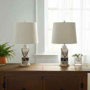 HomeRoots Set of Two 27" Coastal Buoy Table Lamps - Nautical Blue & White Design with Off-White Shades 488382