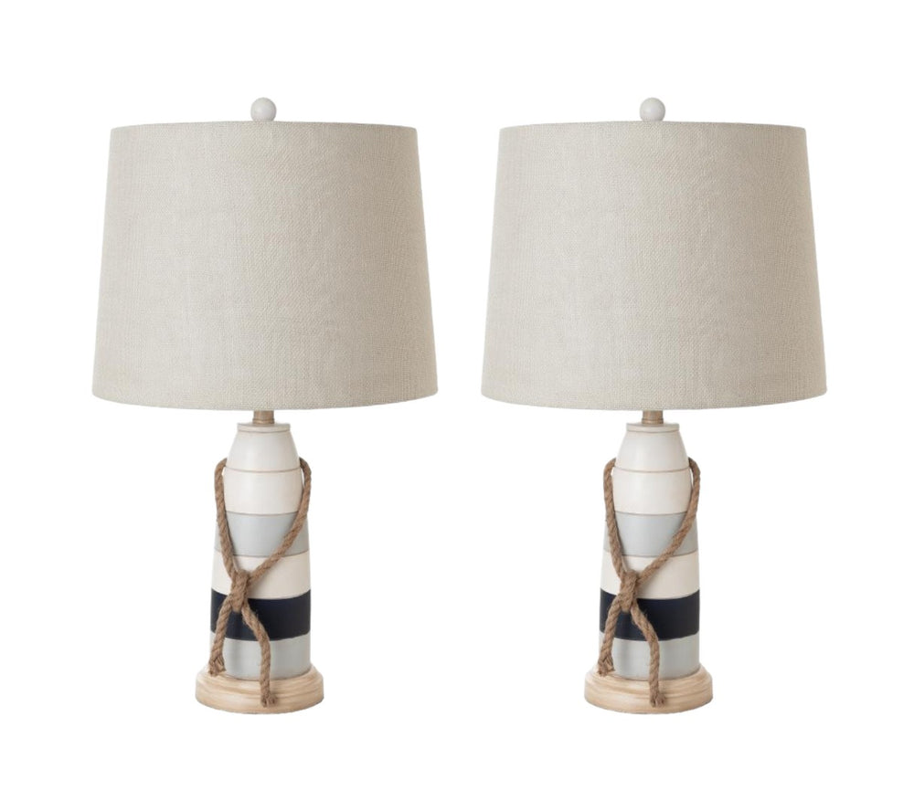 HomeRoots Set of Two 27" Coastal Buoy Table Lamps - Nautical Blue & White Design with Off-White Shades 488382