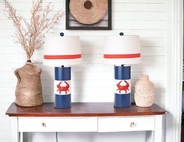 Homeroots Set Of Two 31" Red White And Blue Coastal Table Lamps With White Empire Shade   488384