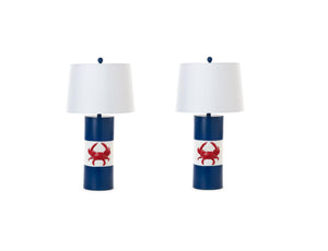 Homeroots Set Of Two 31" Red White And Blue Coastal Table Lamps With White Empire Shade   488385