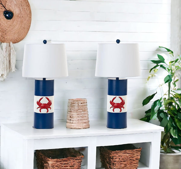 Homeroots Set Of Two 31" Red White And Blue Coastal Table Lamps With White Empire Shade   488385