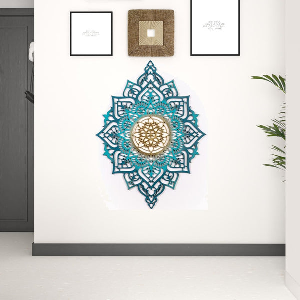 HomeRoots Turquoise Geometric Wall Decor - Handcrafted Solid Wood Mandala Art for Bohemian Home Accent 488407