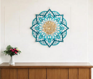 Homeroots Turquoise And Gold Solid Wood Geometric Mandala Wall Decor  Solid Wood 488410