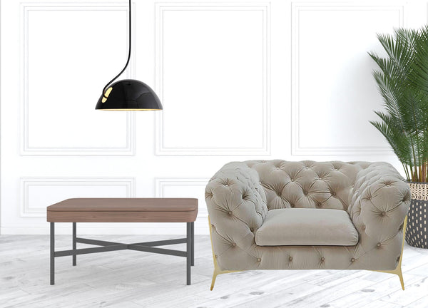 Homeroots 50" Beige Velvet And Gold Solid Color Chesterfield Chair   488427