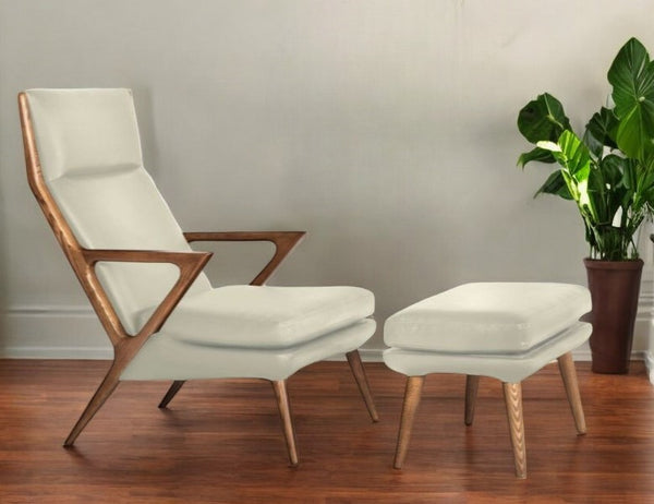 Homeroots 26" Beige Faux Leather And Walnut Lounge Chair With Ottoman   488429