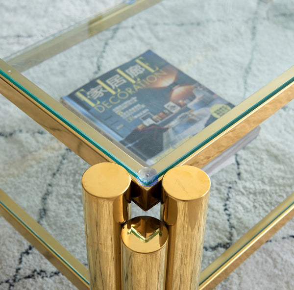 English Elm 47" Modern Stainless Steel Coffee Table With Clear Glass Top & Two-Tier Storage For Home Or Office W2978S00005