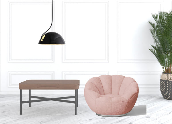 Homeroots 24" Pink Sherpa And Silver Clamshell Swivel Barrel Chair   488434