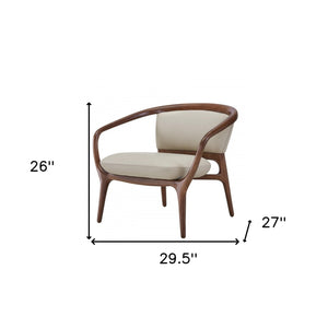 Homeroots 30" Beige Faux Leather And Walnut Solid Color Lounge Chair   488441