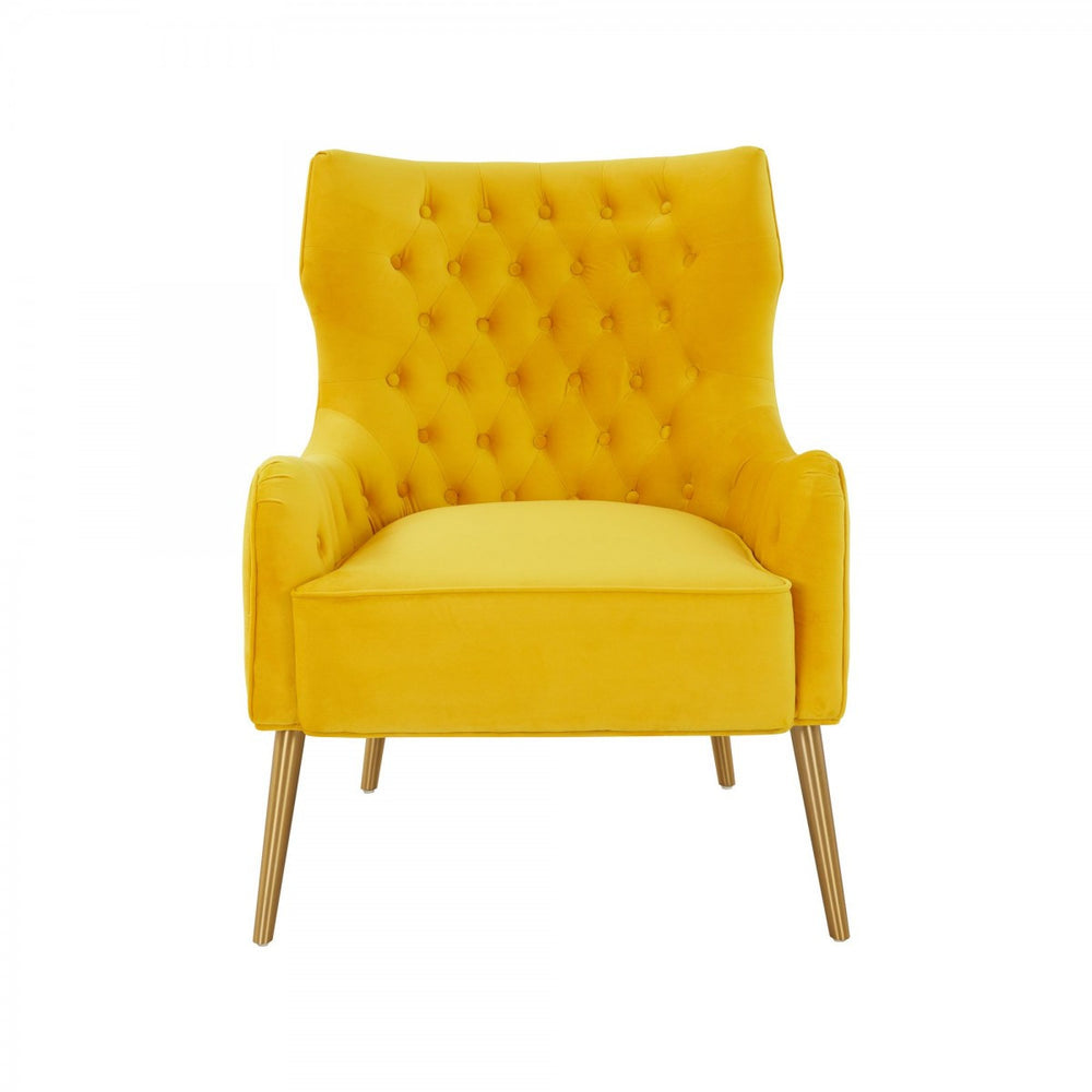 Homeroots 30" Yellow Velvet And Gold Solid Color Arm Chair   488444