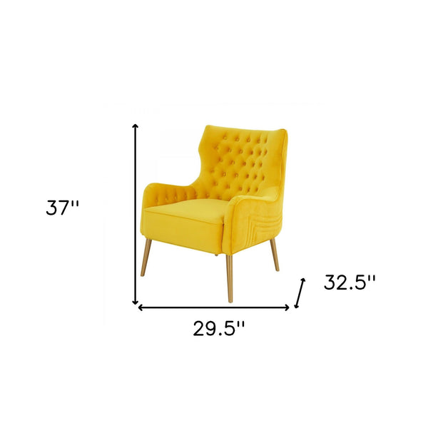 Homeroots 30" Yellow Velvet And Gold Solid Color Arm Chair   488444