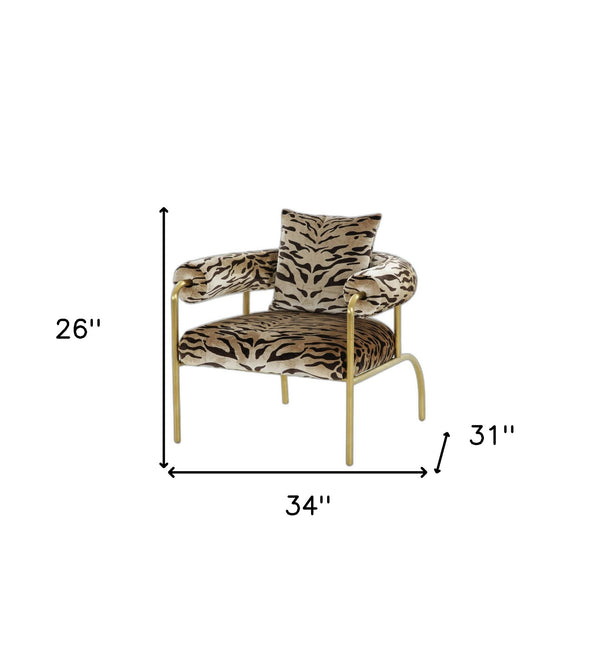 Homeroots 34" Beige And Black 100% Polyester And Gold Animal Print Arm Chair   488445