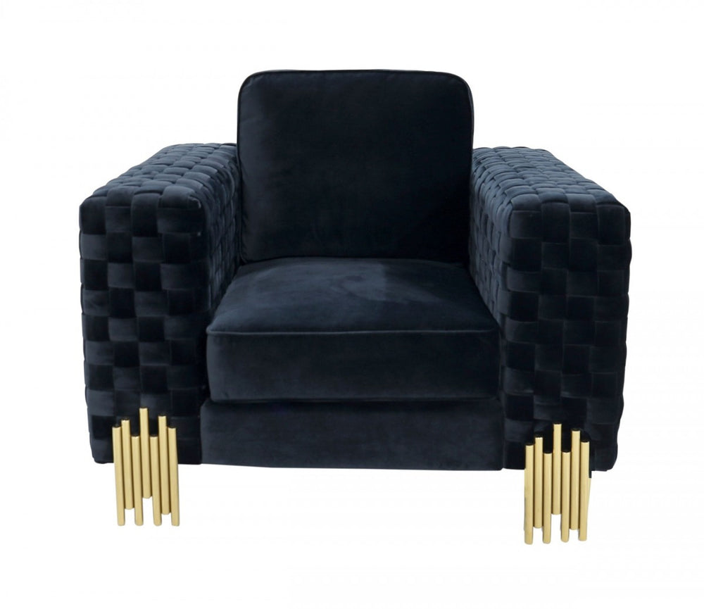 Homeroots 45" Black Velvet And Gold Solid Color Arm Chair   488446