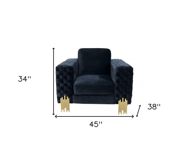Homeroots 45" Black Velvet And Gold Solid Color Arm Chair   488446