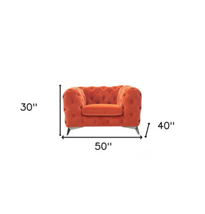 Homeroots 50" Orange Velvet And Silver Solid Color Chesterfield Chair   488447
