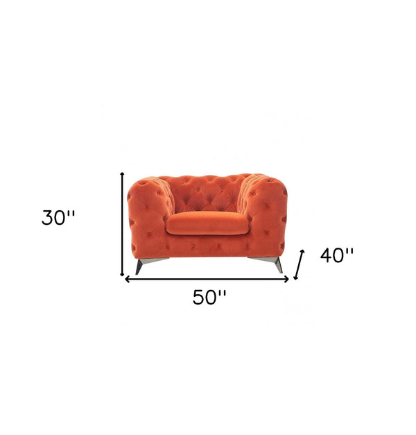 Homeroots 50" Orange Velvet And Silver Solid Color Chesterfield Chair   488447