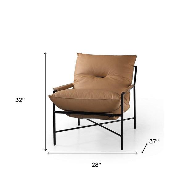 Homeroots 28" Camel Top Grain Leather And Black Solid Color Arm Chair   488455
