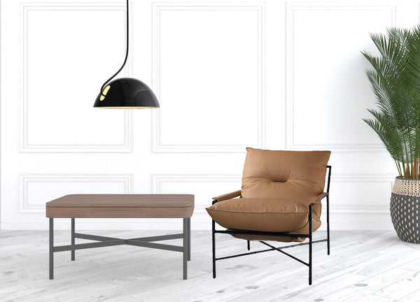 Homeroots 28" Camel Top Grain Leather And Black Solid Color Arm Chair   488455