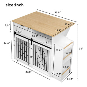 English Elm 2 IN 1 Modern Dog Crate Kitchen Island with Storage, Rolling Lockable Casters, Sliding Doors & Drawer N843P256452R