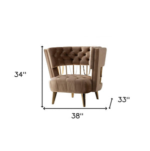 Homeroots 38" Dark Beige Velvet And Gold Exposed Back Accent Chair   488463