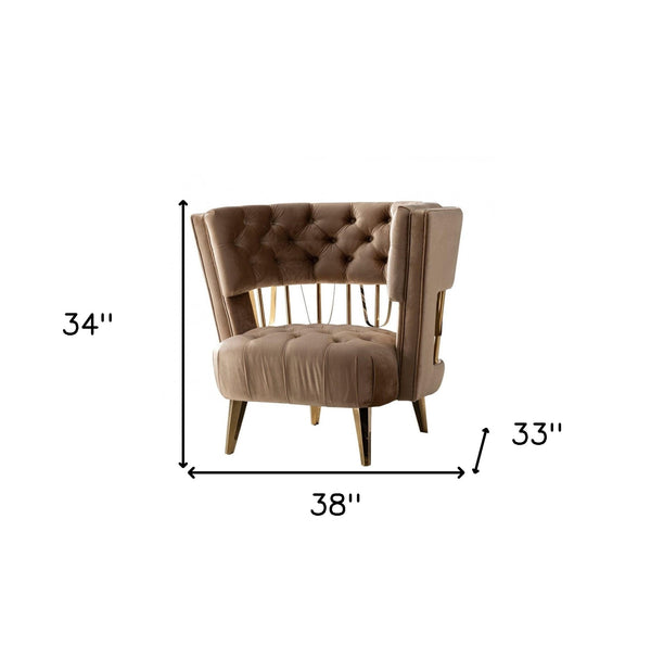 Homeroots 38" Dark Beige Velvet And Gold Exposed Back Accent Chair   488463
