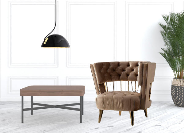 Homeroots 38" Dark Beige Velvet And Gold Exposed Back Accent Chair   488463