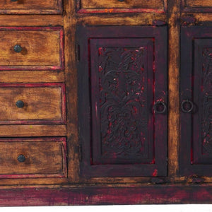 HomeRoots 72" Brown and Red Distressed Solid Wood Buffet Table with Carved Scrollwork & Ample Storage Solutions 488470
