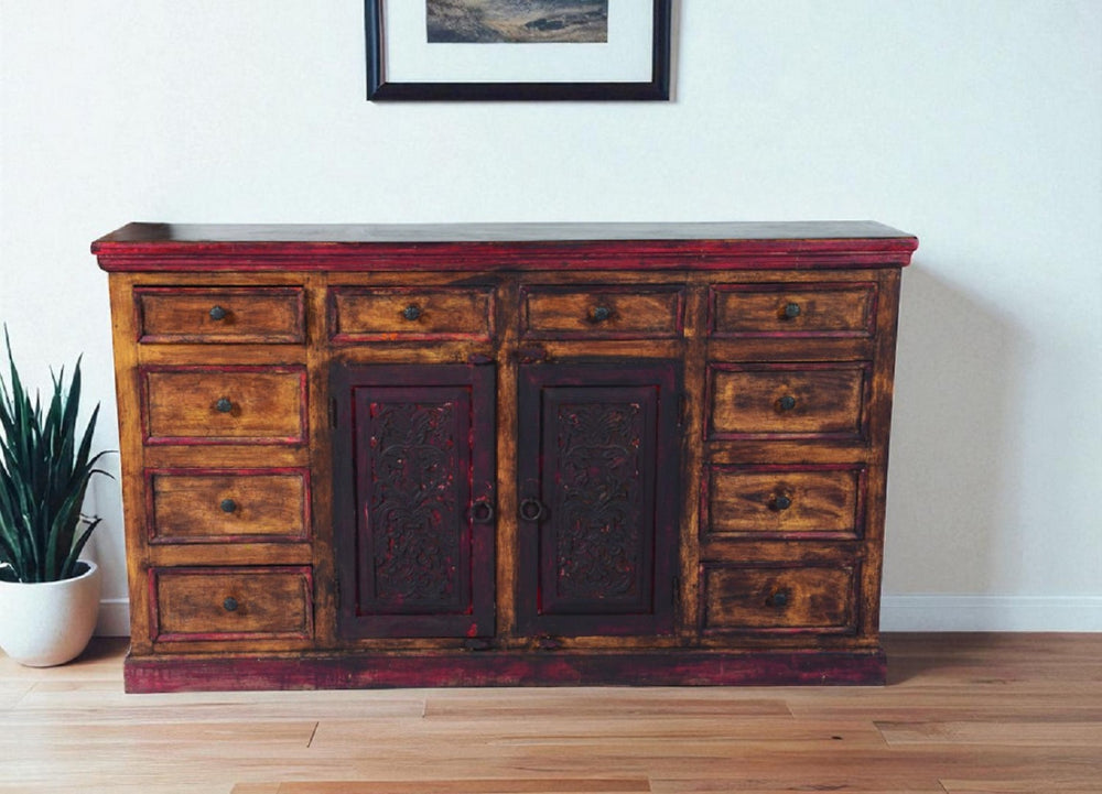 HomeRoots 72" Brown and Red Distressed Solid Wood Buffet Table with Carved Scrollwork & Ample Storage Solutions 488470