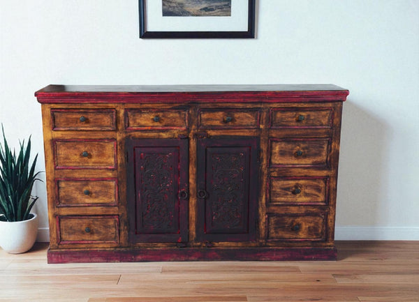 HomeRoots 72" Brown and Red Distressed Solid Wood Buffet Table with Carved Scrollwork & Ample Storage Solutions 488470