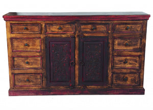 HomeRoots 72" Brown and Red Distressed Solid Wood Buffet Table with Carved Scrollwork & Ample Storage Solutions 488470