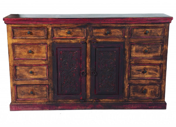 HomeRoots 72" Brown and Red Distressed Solid Wood Buffet Table with Carved Scrollwork & Ample Storage Solutions 488470