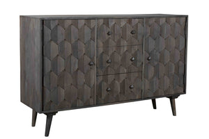 HomeRoots 55" Dark Gray Distressed Solid Wood Sideboard with Geometric Carvings, Drawers & Doors for Storage 488485
