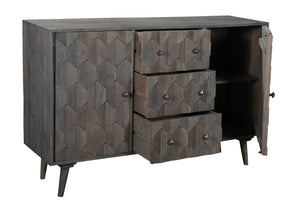HomeRoots 55" Dark Gray Distressed Solid Wood Sideboard with Geometric Carvings, Drawers & Doors for Storage 488485