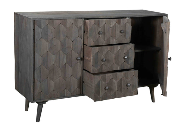HomeRoots 55" Dark Gray Distressed Solid Wood Sideboard with Geometric Carvings, Drawers & Doors for Storage 488485
