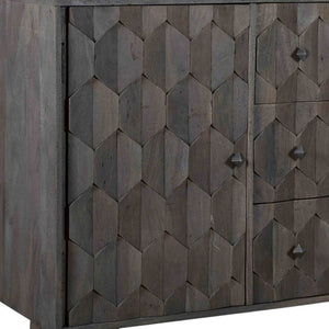 HomeRoots 55" Dark Gray Distressed Solid Wood Sideboard with Geometric Carvings, Drawers & Doors for Storage 488485