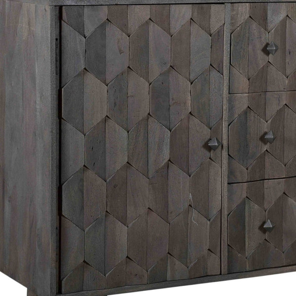 HomeRoots 55" Dark Gray Distressed Solid Wood Sideboard with Geometric Carvings, Drawers & Doors for Storage 488485